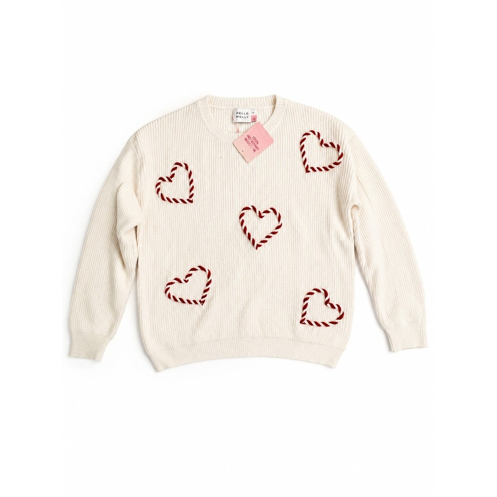 Hello Molly Cream Candy Cane Heart Knit Sweater Christmas Oversized Womens M/L